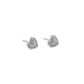 Heart-shaped silver earrings with clear stones on a white background