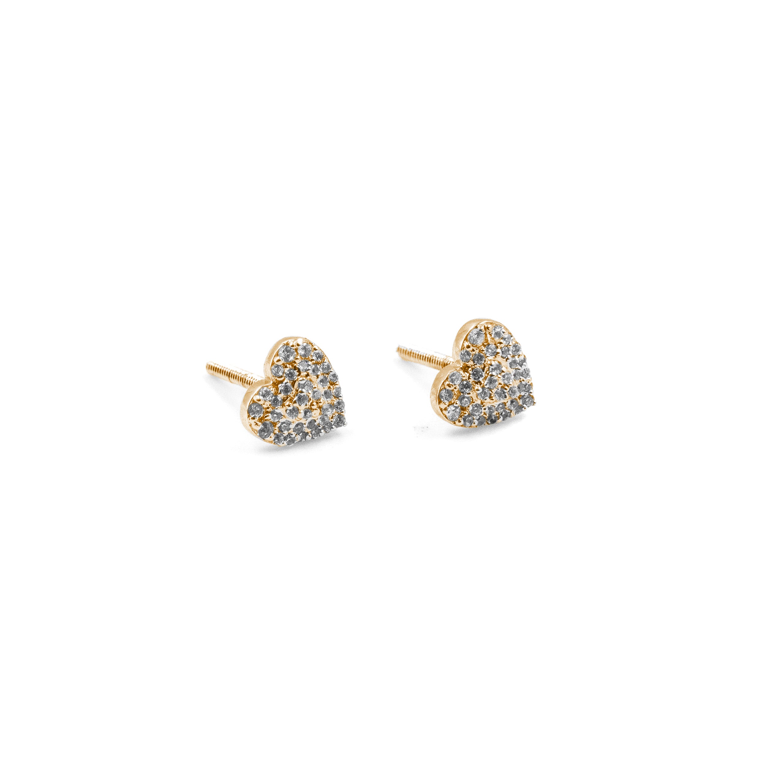 Heart-shaped earrings with gold and clear gemstones on a white background